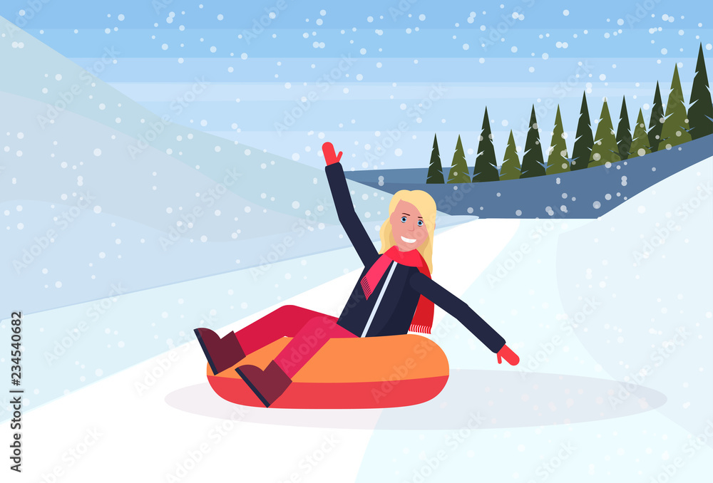 happy woman sledding on snow rubber tube winter vacation activity concept snowy mountains fir tree forest landscape horizontal flat vector illustration