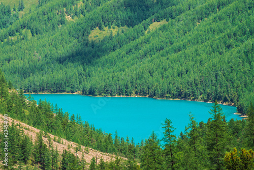 Wonderful mountain lake in valley of highlands. Smooth clean azure water surface. Giant mountainside with rich vegetation. Amazing coniferous forest. Atmospheric green landscape of majestic nature.