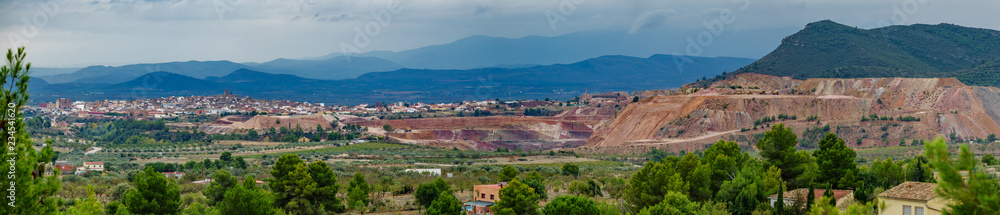Kaolin strip mine and mining town, panorama