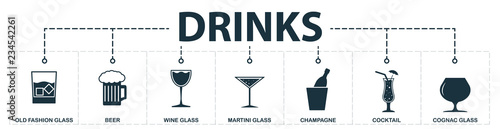 Drinks set icons collection. Includes simple elements such as glass, whiskey glass, beer, wine glass, martini, cognac glass, champagne premium icons