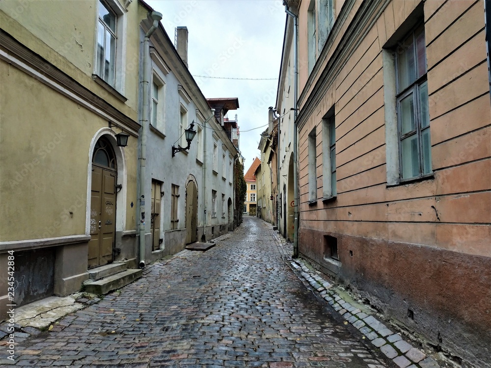 Colourful houses in narrow street of old town Tallinn