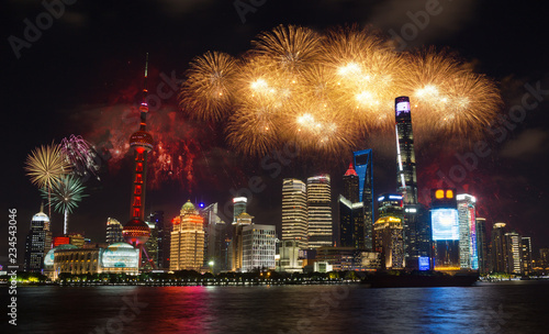 Shanghai fireworks cityscape