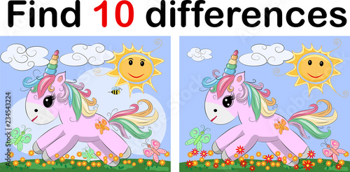 Find the difference the two funy little Unicorn. Children riddle entertainment. Sheet different toys construction equipment. Game tasks for attention. Mathematical exercise.