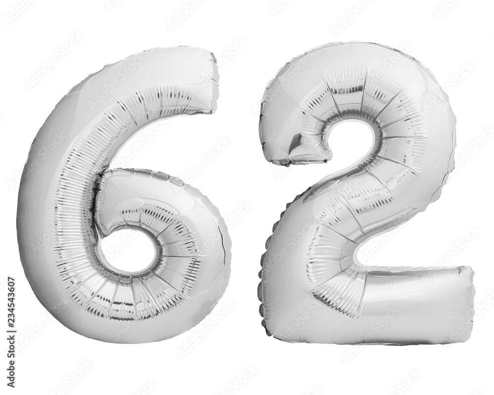 Silver chrome number 62 sixty two made of inflatable balloon on white Silver chrome number 62 sixty two made of inflatable balloon on white