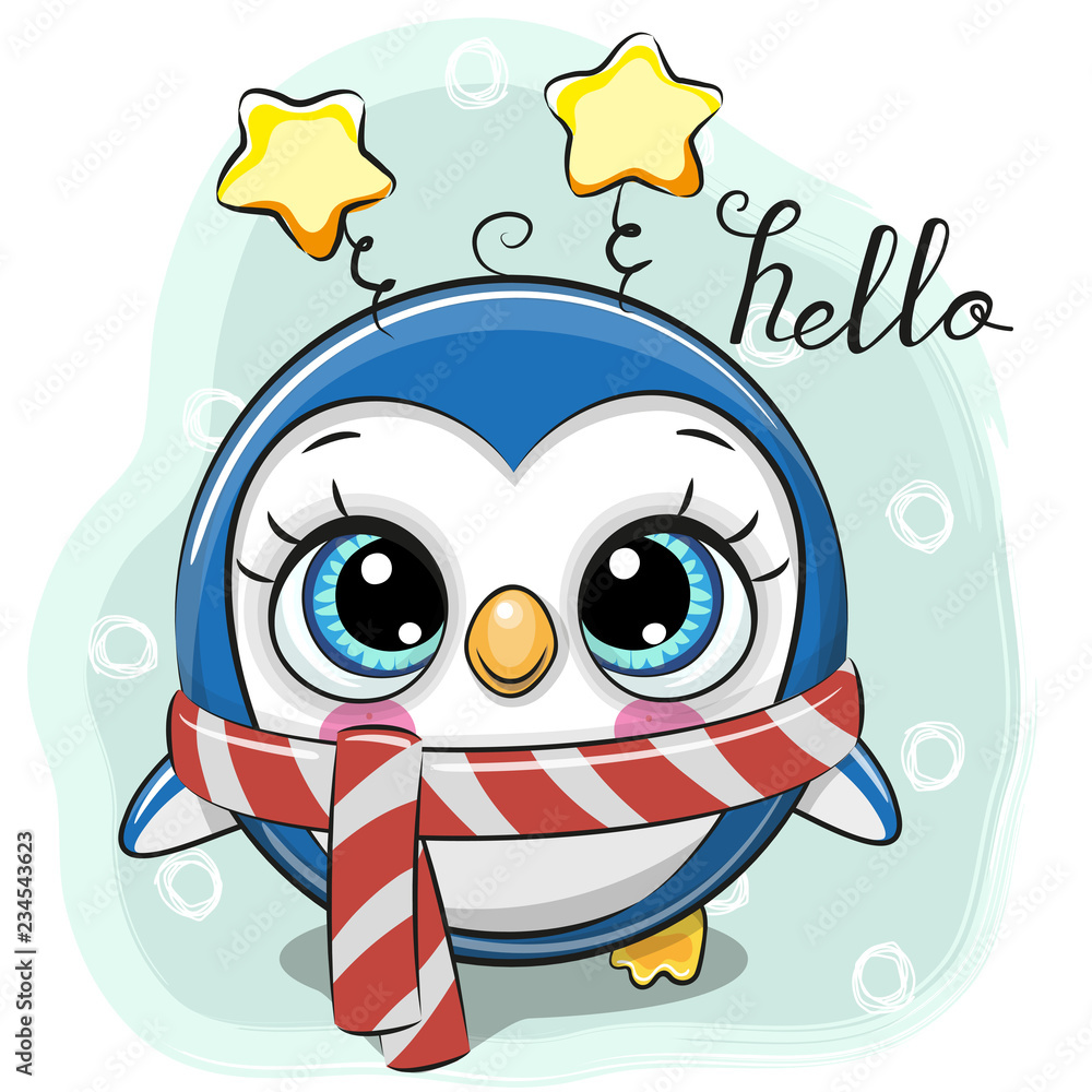Fototapeta premium Cute Cartoon Penguin in a scarf on a blue background