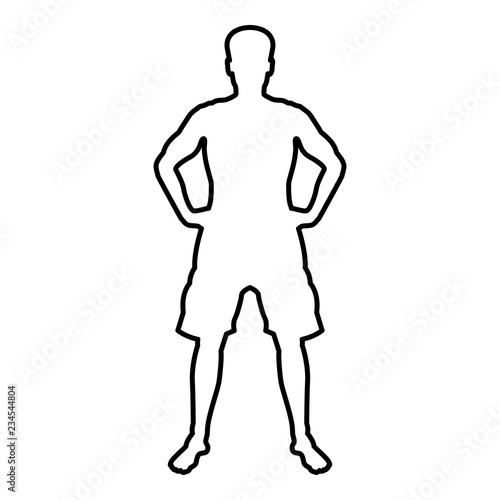 Man holding hands on belt confidence concept silhouette serious master of the situation front view icon black color outline