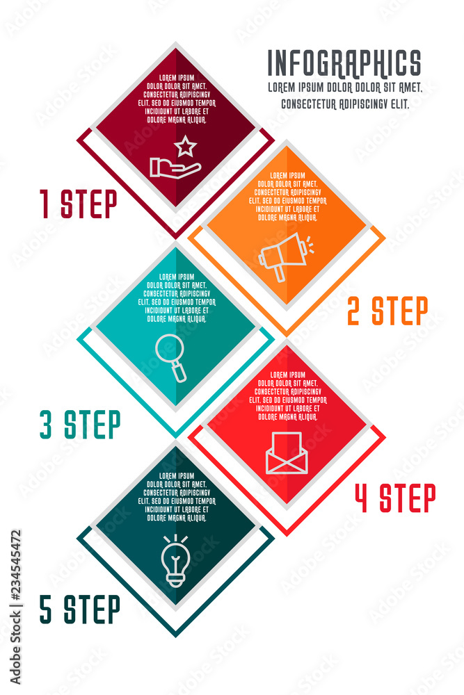Flat vector illustration. Infographic template with five elements, quadrilaterals with icons. Designed for business, presentations, web design, process diagrams, training with 5 steps Flat vector illustration. Infographic template with five elements, quadrilaterals with icons. Designed for business, presentations, web design, process diagrams, training with 5 steps