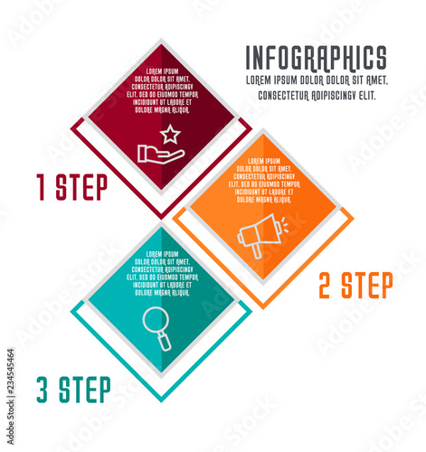 Flat vector illustration. Infographic template with three elements  quadrilaterals with icons. Designed for business  presentations  web design  process diagrams  training with 3 steps