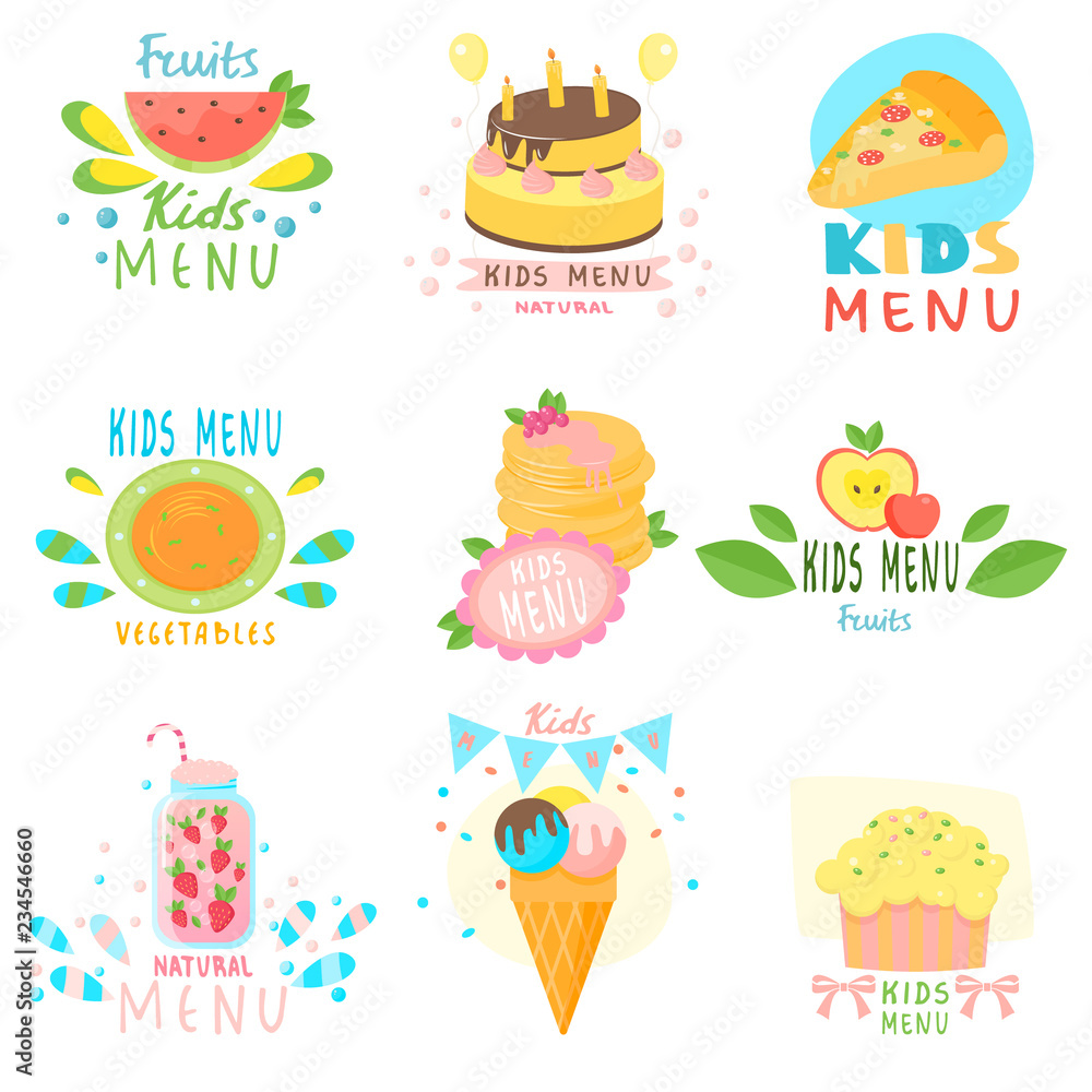 Set of stickers of natural children s menu with colorful images of natural fruits, sweets, ice cream, children s delicious drinks.