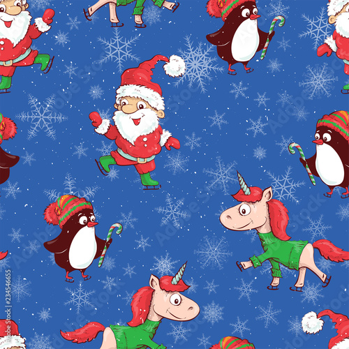 Seamless Christmas pattern cartoon style with snowflakes. Vector