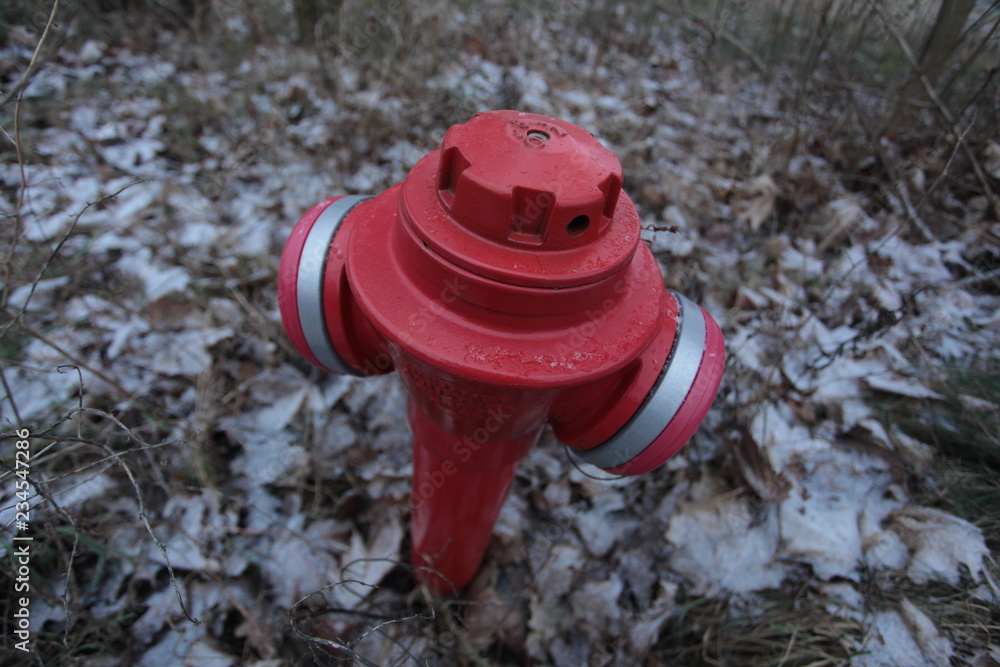 close up of a big red fire hydrant, outdoors on a winter day in Poland, Europe close up of a big red fire hydrant, outdoors on a winter day in Poland, Europe
