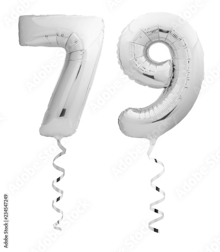 Silver chrome number seventy nine 79 made of inflatable balloon with ribbon on white photo