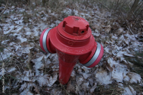 Obraz na płótnie close up of a big red fire hydrant, outdoors on a winter day in Poland, Europe w salonie