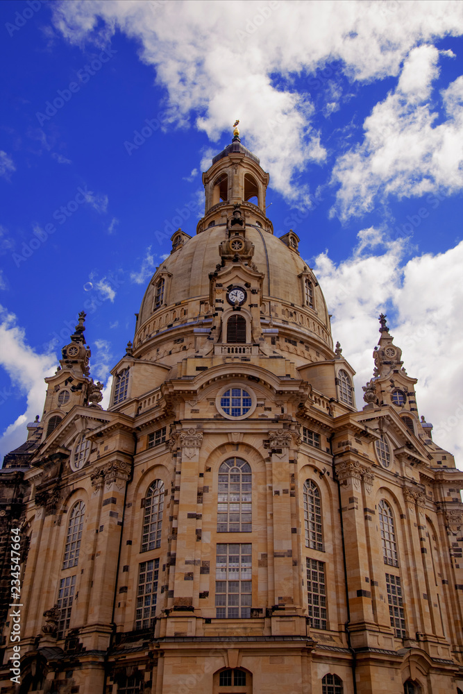 Church in Dresden against blue background of sky. Germany.
