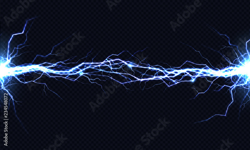 Powerful electrical discharge hitting from side to side realistic vector illustration isolated on black transparent background. Blazing lightning strike in darkness. Electric energy flash light effect