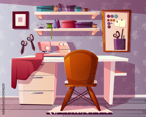 Vector background of tailor room, handicraft or needlework area. Studio of a seamstress with a sewing machine, tools and furniture. Dressmaker place, designer of clothes. Fashion, craft concept.