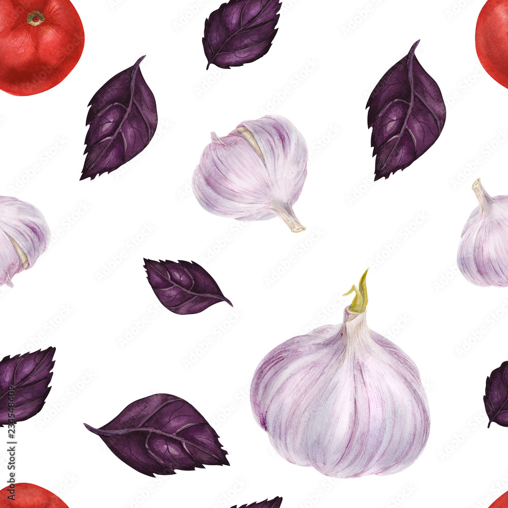 Seamless pattern purple basil, tomato and garlic