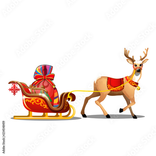 Christmas sketch with animated deer with red blanket and sleigh with bag of Santa Claus with gifts. Sample of Christmas poster, party invitation and other cards. Vector cartoon close-up illustration.