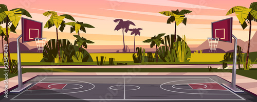 Vector cartoon background of basketball court on street. Outdoor sport arena with baskets for game. Playground for competition, championship. Backdrop with tropic palms, sunset sky and green field.