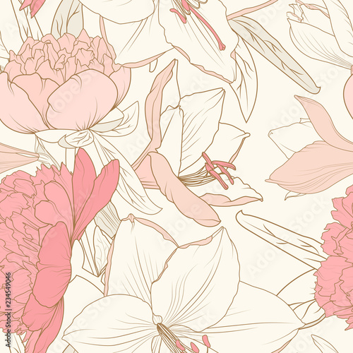 Peony lily flowers composition bouquet seamless pattern. Realistic detailed line drawing. Pink crimson sepia warm vintage colors. Floral botanical vector design illustration. Victorian style.