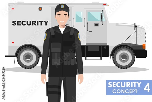 Security concept. Detailed illustration of armored car and security guard on white background in flat style. Vector illustration.