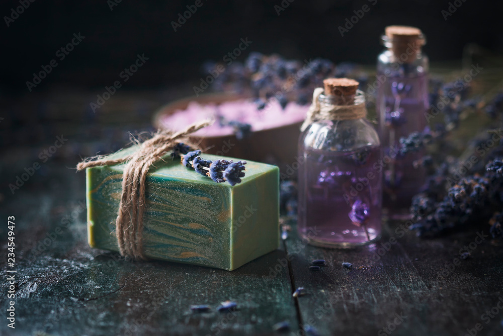 Wunschmotiv: Concept spa therapy. Natural handmade soap, fresh lavender blossoms with Natural handma