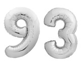 Silver chrome number number 93 ninety three made of inflatable balloon on white