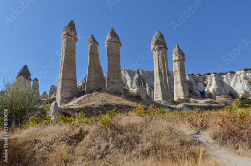 giant sandstone hoodoos in Love Valley (Baglidere Vadisi) Goreme, Nevsehir province, Turkey
