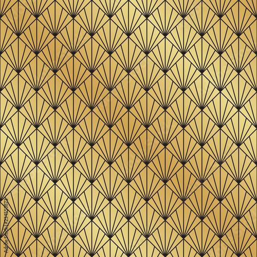 Seamless Art Deco black and gold fan pattern background