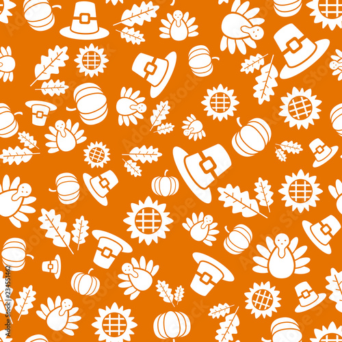 Autumnal Thanksgiving orange seamless pattern with turkeys, pumpkin, leaves illustration.