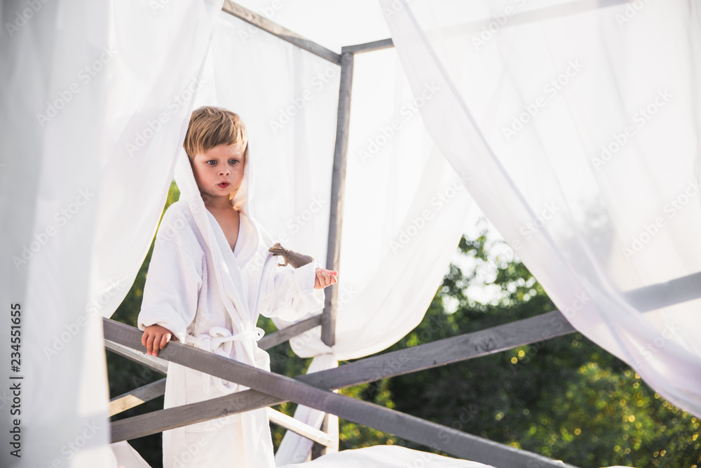 The cute little boy standing on a bed outdoor and holding a toy dinosaur on arm The cute little boy standing on a bed outdoor and holding a toy dinosaur on arm