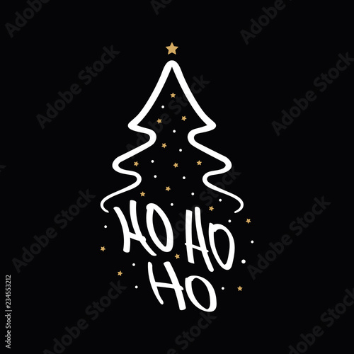 Ho Ho Ho Christmas tree gold greeting text lettering black background