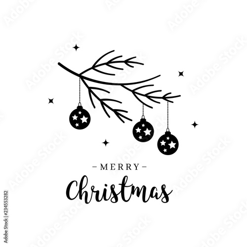 Merry Christmas greeting text lettering branch bauble isolated background