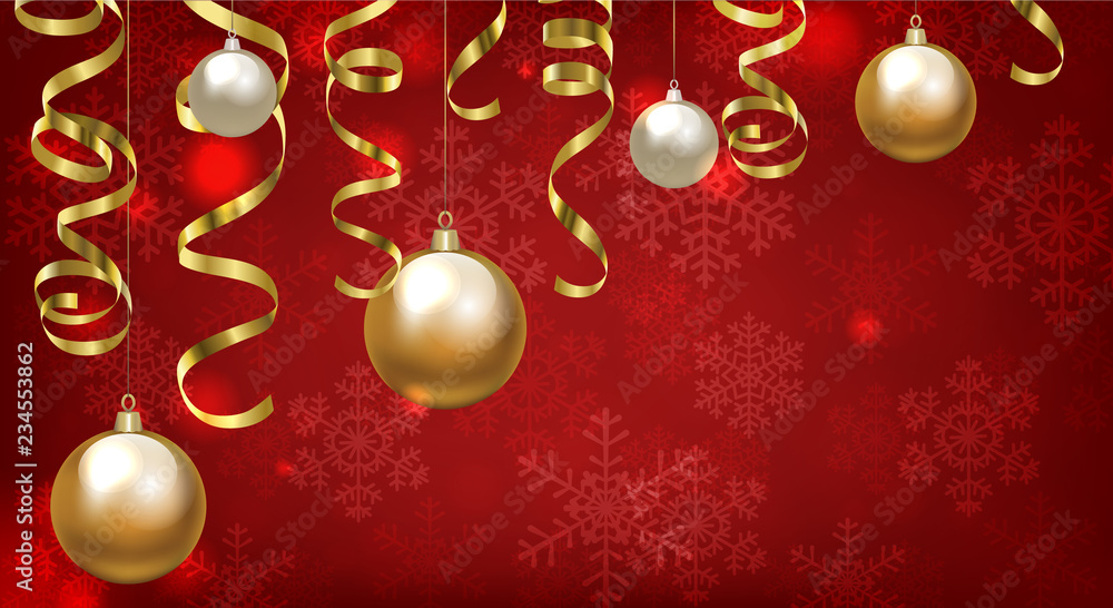 Christmas baubles and golden serpentine streamers on red background. Christmas card