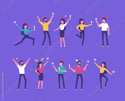 Group of happy business people at a Christmas and New Year's corporate party. Positive men and women with champagne and sparklers dancing and having fun. Set of modern vector characters.