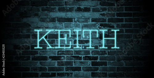 Photography first name Keith in blue neon on brick wall