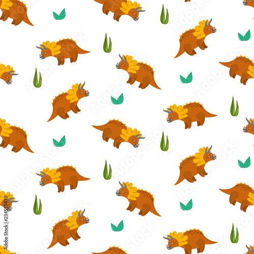 Cute cartoon triceratops seamless pattern for kids textile. Nice bright childish texture with dino characters and grass for children textile  wrapping paper  cover  background