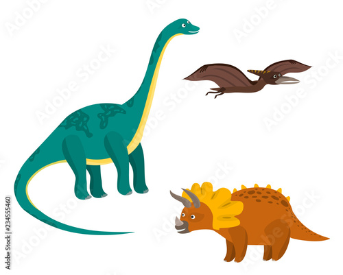 Cute cartoon colorful dinosaurs set. Nice bright diplodocus  pterodactyl  triceratops characters for children apps  wrapping paper design  educational books  stickers
