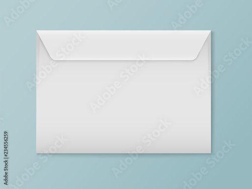 Vector mockup of white c6 paper envelope isolated on blue background. Gray horizontal postage closed cover template. 3d illustration for your corporate identity design