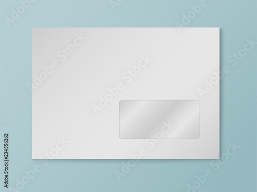 Vector mockup of white c6 paper empty envelope with window isolated on blue background. Gray horizontal postage open cover template. 3d illustration for your corporate identity design
