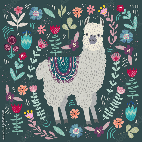 Cute llama with floral elements, template for card and your design. Hand drawing flat doodles