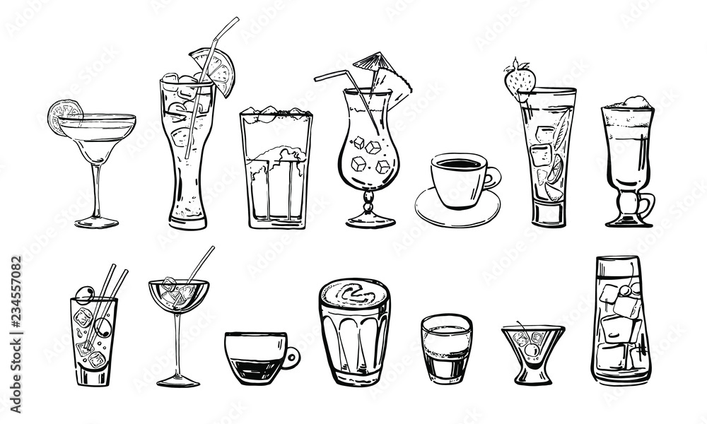 Different coffee and cocktail drinks set. Hand drawn outline cartoon vector  sketch. Black on white background Stock-Vektorgrafik | Adobe Stock