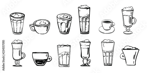 Types of coffee drinks. Hand drawn sketch vector set. Black outline on white background