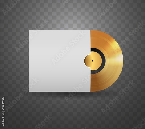 Golden vinyl disc in white cover on transparent background vector illustration. Gold plastic disk record company
