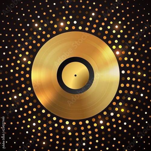 Golden vinyl disc on abstract gold halftone circle background. Music disco party shiny luxury banner.