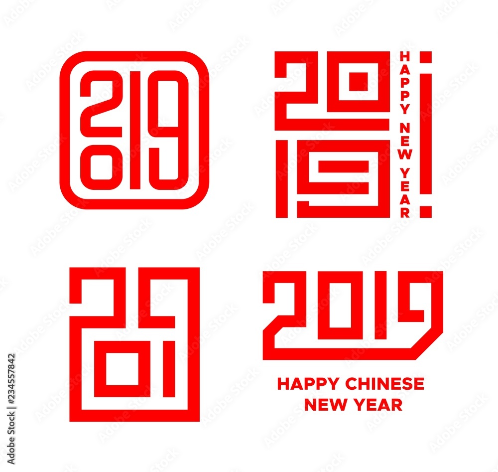 Happy Chinese New Year 2019 icons set. Concept art design with modern text symbol for greeting card decoration. Vector illustration Happy Chinese New Year 2019 icons set. Concept art design with modern text symbol for greeting card decoration. Vector illustration
