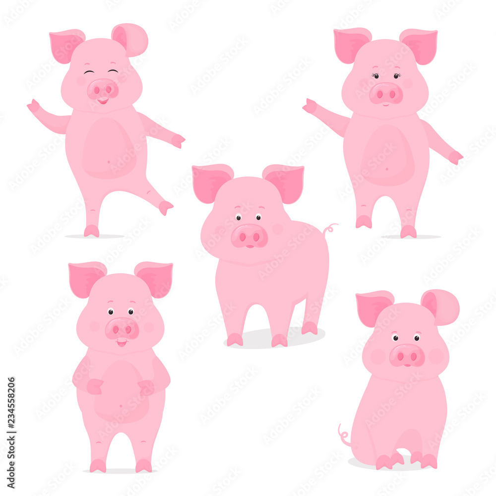 A set of cute piggy characters in different poses, sitting, standing, walking, hand up and down. Funny pig. The symbol of the Chinese New Year
