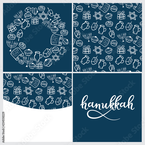 Set of Hanukkah Traditional attributes of the menorah, dreidel, oil, Torah, donut . Round frame, seamless pattern in doodle style, hand lettering