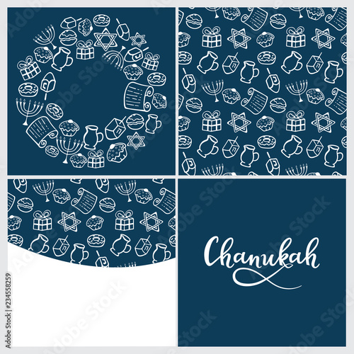 Set of Chanukah Traditional attributes of the menorah, dreidel, oil, Torah, donut . Round frame, seamless pattern in doodle style, hand lettering