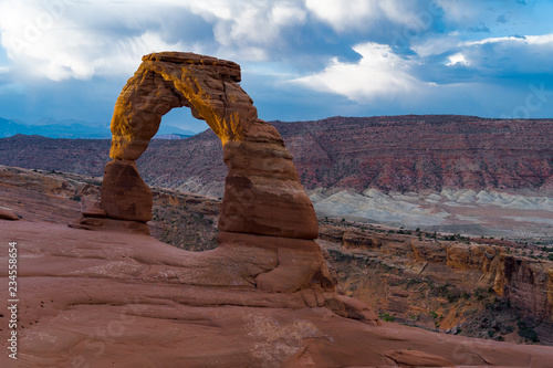 Sunrise view of Delicate Arch at Utah's Arches National Park. No people in the photo